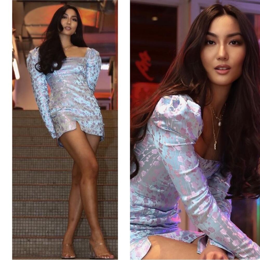 SAU LEE Jen Chinese Jacquard Floral Long Sleeve Mini Dress in Blue Size 12